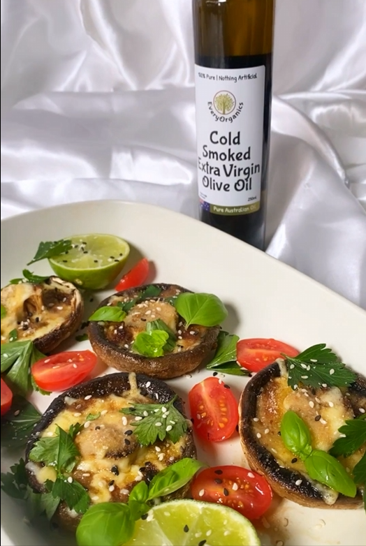 COLD SMOKED EXTRA VIRGIN OLIVE OIL. & EVERYMITE STUFFED MUSHROOMS