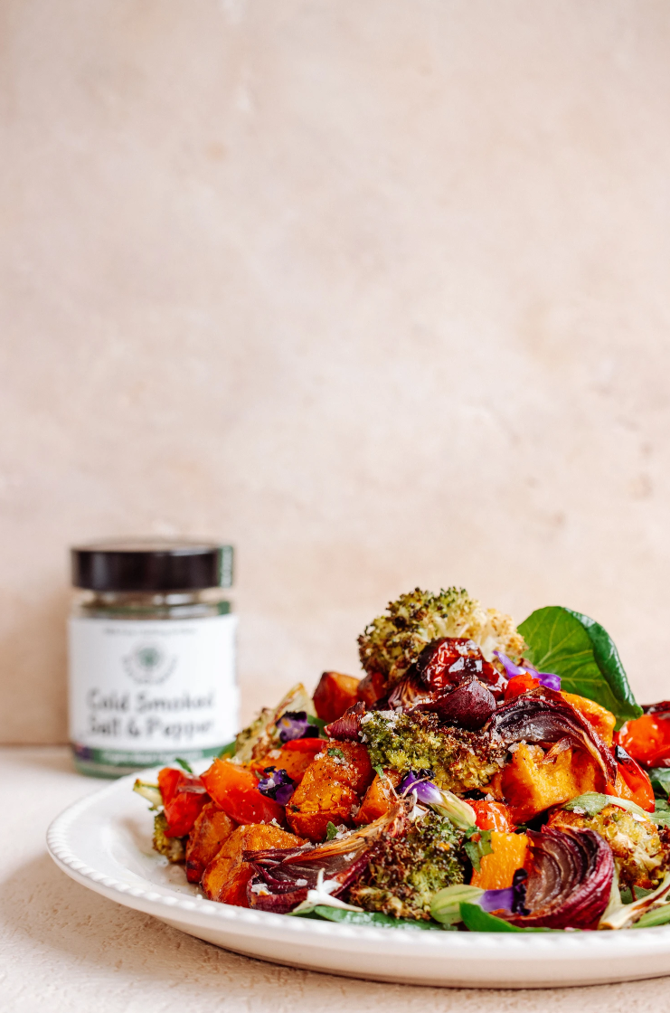 ROASTED VEGETABLE SALAD WITH COLD SMOKED SALT & PEPPER
